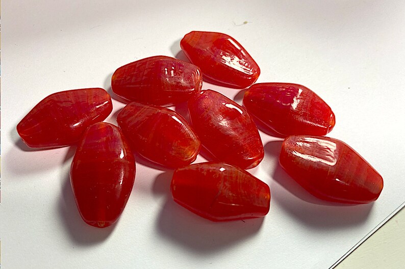 30mm x 18mm 5 Vintage Large Translucent Carnelian Glass Beads Flattened Ovals Japan Handmade Bright Red Lampwork,