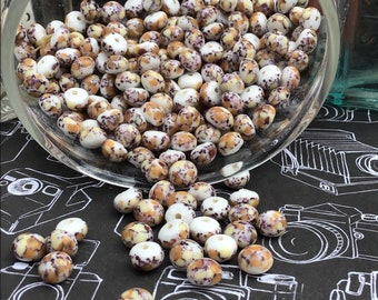 10 Vintage Confetti Colored Cabochons, White Base with Orange, Yellow and Purple Confetti, Japanese, Festive Glass, 8mm