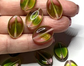 12 Czech Givre Glass Beads, Transparent Green & Light Pink, Flat Oval 19mm x 13mm, Vintage Jewelry Supply