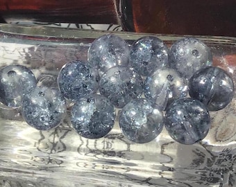 8 Crackle Gray Vintage Glass Round Beads, 10mm, Icy Cracked Beads for Jewelry Making