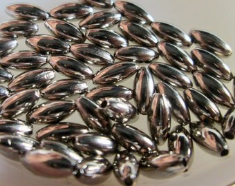 32 Vintage Brass Plated Silver Rhodium Metal Rice Beads, 7.25mm wide