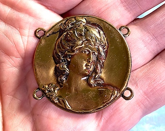 1 Rare Vintage Portrait Stamping of Victorian Lady and 4 Loops, 1970's Jewelry component, Focal Finding