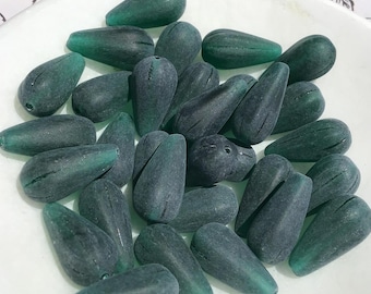 24 Matte Teal Vintage Glass Teardrop Beads, 22mm, Frosted Drops for Jewelry Making