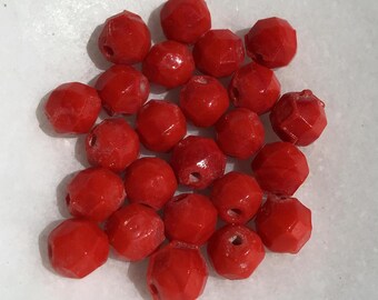 12 Red Faceted Glass Round Beads – 7.25mm – Vintage Jewelry Making Supplies, Retro Craft Beads