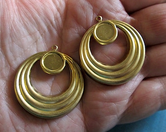 6 Vintage Solid Brass Round Earring, Dangle, Pendant  Stampings, w Place for Rhinestone, Finding, Jewelry Component, 32mm in Diameter