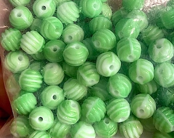 12 Vintage Green Marbled Glass Beads with Striped Texture, Spacer Beads, Average 7mm, West Germany