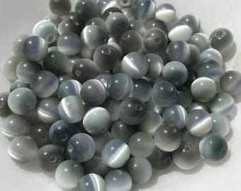 10 Grey Cat’s Eye Glass Beads – 8mm – Vintage Jewelry Making Supplies, Glossy Round Accent Beads
