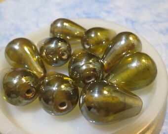 1 Vintage Lampwork Teardrop Beads, AB Translucent Olive Amber, 20mm