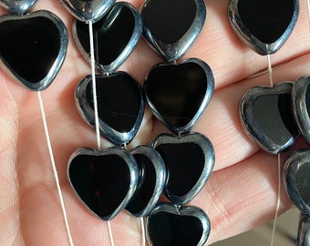 12 Silver Lined Black Glass Heart Beads, Flat, 15mm, Czech, D21-03