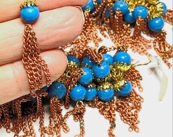 6 Vintage Turquoise Glass Bead w Copper Chain Tassels, 1.75”, Shabby Chic, BoHo, Japan