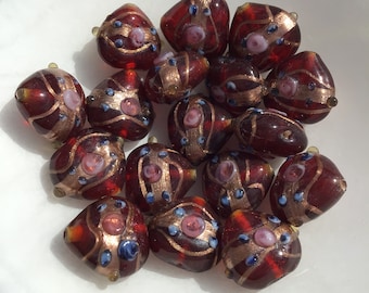 2 Large red Translucent Glass Heart Wedding Beads with gold aventurine, 19mm wide 44-Z4-09