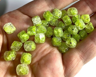 14 Spring Green and Clear Glass Crackle Beads, 8mm Baroque, Nugget Beads, Germany