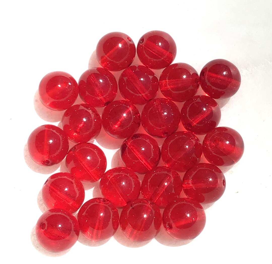 8 Bright Red Vintage Glass Round Beads, 10mm, Translucent Cherry Beads ...