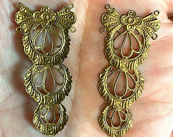 6 Vintage Brass Plated Filligree Findings, Drops, Connectors  with 2 holes on each top ,  Approx. 47mm x 21mm
