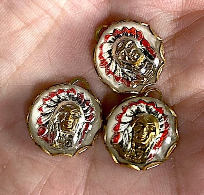 2 Vintage Glass Reverse Painted Intaglios of an Indian Chief Cabochon West Germany 13mm in Brass Bezel.
