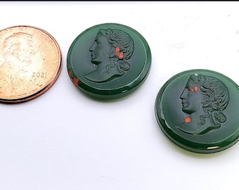 1 Vintage Carved Female Portrait Cabochons, Translucent Jadeite Green Glass Cameo, 20mm