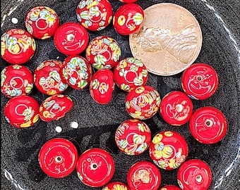 13 Vintage Red Millefiori Glass Cabochons, Japan, 10mm, C17-55