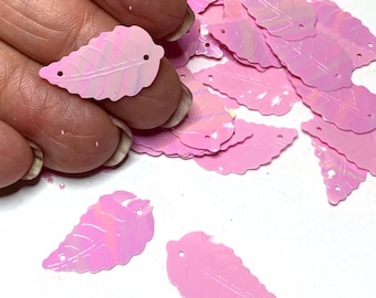 4 Vintage Sew-On Pink AB Leaf Sequins with Veins 15mm Tall, 2 Holes