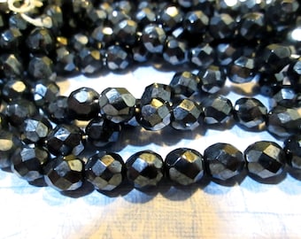 10 Vintage Strand of Czech Hematite Faceted Round Glass Beads – 25 Beads, 8mm, Grey/Black Metallic