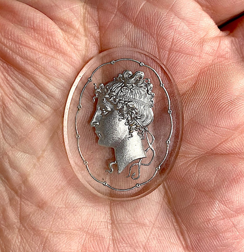 Cameo SIlver on Back of Figure 1 Vintage Clear Glass Greek Roman SideView of Woman Intaglio 36mm x 28mm
