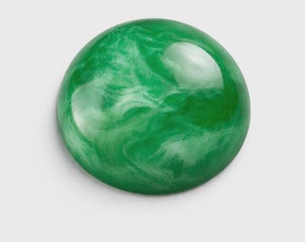 7 Vintage Round High-Domed Green Marbled Glass Cabochons, 11 mm