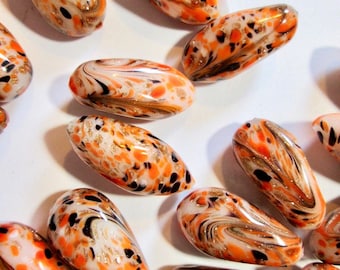 1 Vintage Handmade Tangerine, Black Flattened Bi-Cone Glass Beads, Gold Aventurine and Lampwork, Japanese, 21mm