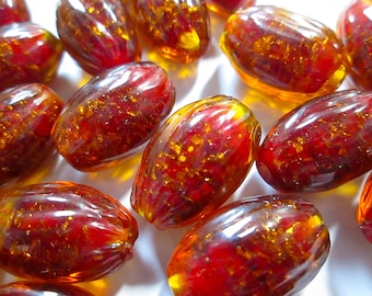 2 Vintage Long Transparent Opal Red with Gold Foil Ribbed Beads, Lampwork, 19.5mm