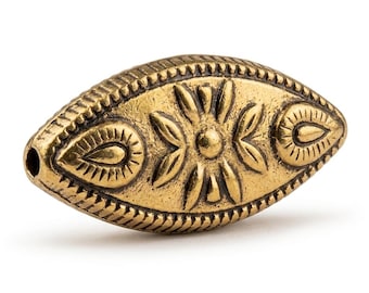 6 Shiny Gold Tone Embossed Oblong Beads, 24 × 12 mm, Flat