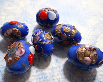 9 Vintage Handmade Cobalt Blue Wedding Beads w Gold Aventurine, Blue&Red Decorations. Two Shapes, Oval and Barrel, U-Pick Lampwork