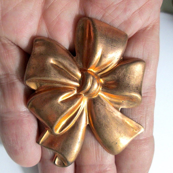 1 Vintage Shabby Chic Copper Plated Bow, Ribbon, Present, Stamping, Dapped, Heavy Gauge, C24-01