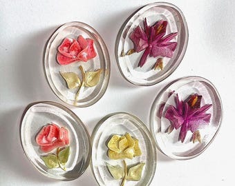 1 Vintage Back-Painted Acrylic Flower Cabochon - Red, Coral, Pink/White Roses, or Purple Iris, Oval 33x25mm, Western Germany