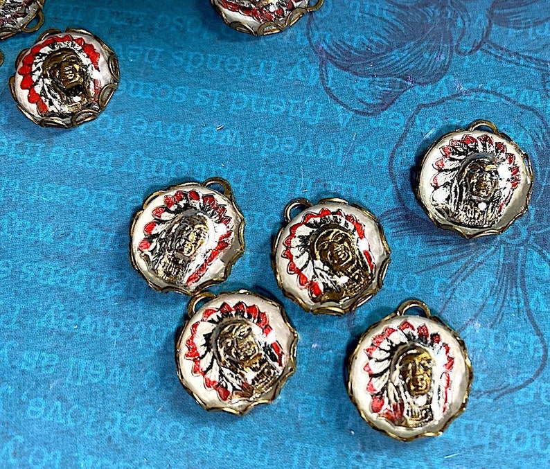 2 Vintage Glass Reverse Painted Intaglios of an Indian Chief Cabochon West Germany 13mm in Brass Bezel.