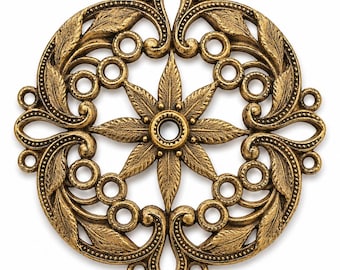 1 Vintage Raw Brass Floral Cast Findings, Miriam Haskell, 43mm, Dapped w/ Places for Rhinestones, Light or Dark