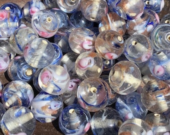 10 Vintage Clear Glass Beads – 13mm Lampwork Round with Blue, Copper & Pink Swirls – Floral Wedding Bead Accents
