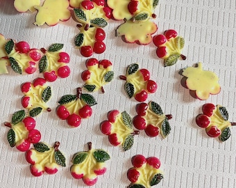 4 Vintage Cherry Clusters, Celluloid, Early Plastic Fruit Hand Painted Cabochons, Japan, Approx. 17mm tall