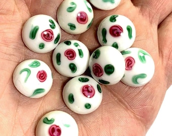 4 Vintage Hand-Painted Floral Glass Cabochons, Pink Rose Dome Beads (14.5mm)
