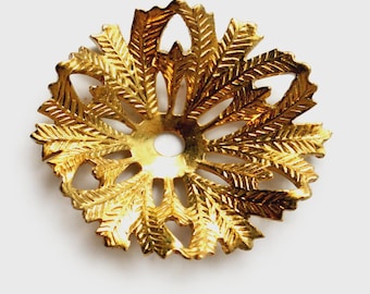 6 Brass Plated Flower, Bead Cap Leaf Pattern Findings with Age and Patina, 24mm