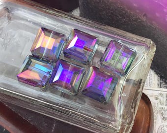 6 Vintage Iridescent Purple Glass Square Gems, 13mm