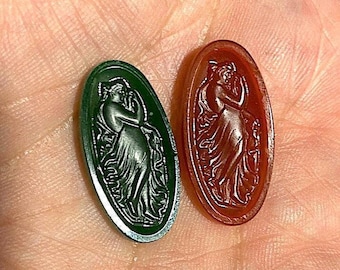 1 Pair Vintage Grecian/Roman Woman Cabochons with Side Indent to Hold Wire, 23.75 Pendant Earrings, In Green or Carnelian U-Pick