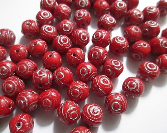 24 Egyptian Revival Round Glass Beads in Red with Silver Incised Designs