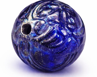 5 Large Vintage Sapphire Blue Textured Beads with Metallic Glaze,  15mm Round Glass Beads