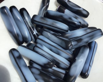 1 Powder Blue and Black Glass Tube Beads – 35mm – Vintage Jewelry Making Supplies, Retro Craft Beads