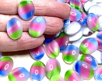 2 Vintage Tri-Color Oval Stones West German/US Zone, Glass Cabochons, Approx. 18mm × 13mm, Curved White Back
