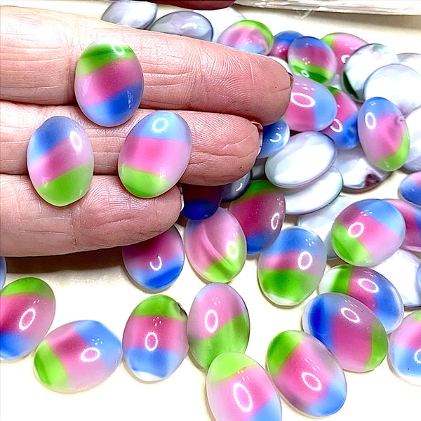 6 Vintage Tri-Color Oval Stones West GermanUS Zone, Glass Cabochons, Approx. 18MM x 13MM ,Curved White Back, C11-10