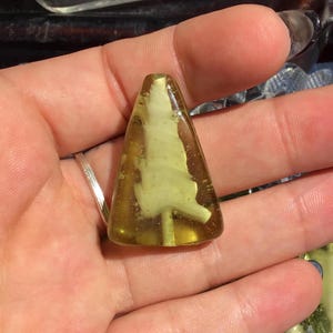May include: A triangular piece of amber with a small, white, fossilized insect trapped inside. The amber is a light yellow color and is translucent.