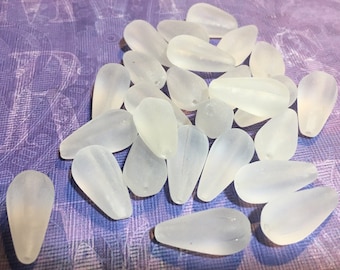 6 Vintage Clear Frosted Glass Teardrop Beads, Faceted Czech Glass Drops, Czechoslovakia, 22mm Matte Pear Drop