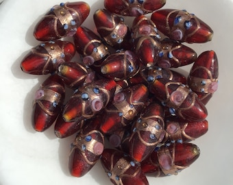 1 Translucent Red Wedding Beads, Bi-cone with Gold Aventurine, Pink Roses, 28mm