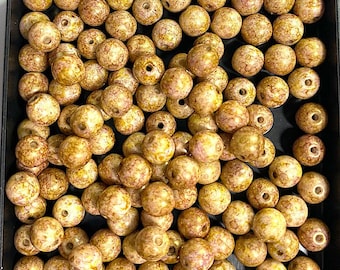 12 Vintage Petite Pink and Metallic Gold Round Glass Beads, Spacer Beads, Average 6mm