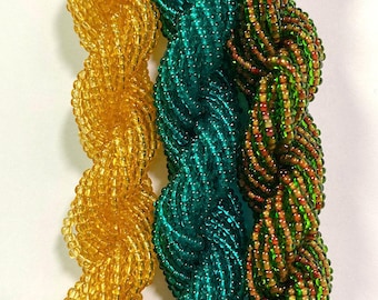 1 Vintage Jablonec Seed Beads Hank, Twisted Czech Glass, Transparent Goldenrod, Dark Teal & Red/White Lined Green Mix – 3 Colors