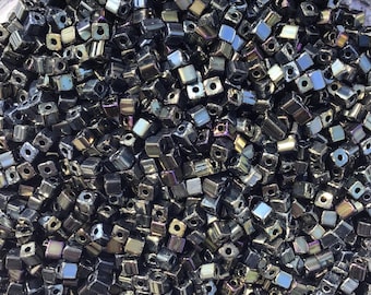 4mm Iridescent Square Glass Beads, Vintage Jet AB Cube Beads, 1.5g Bag for Jewelry Making